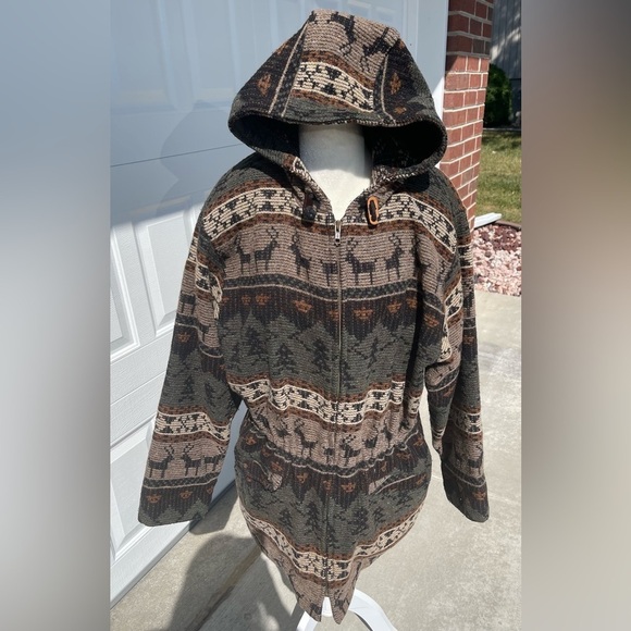 Vintage Womens Woolrich Hooded Wool Jacket Coat Elk Deer Trees Mountains Large - Picture 1 of 8